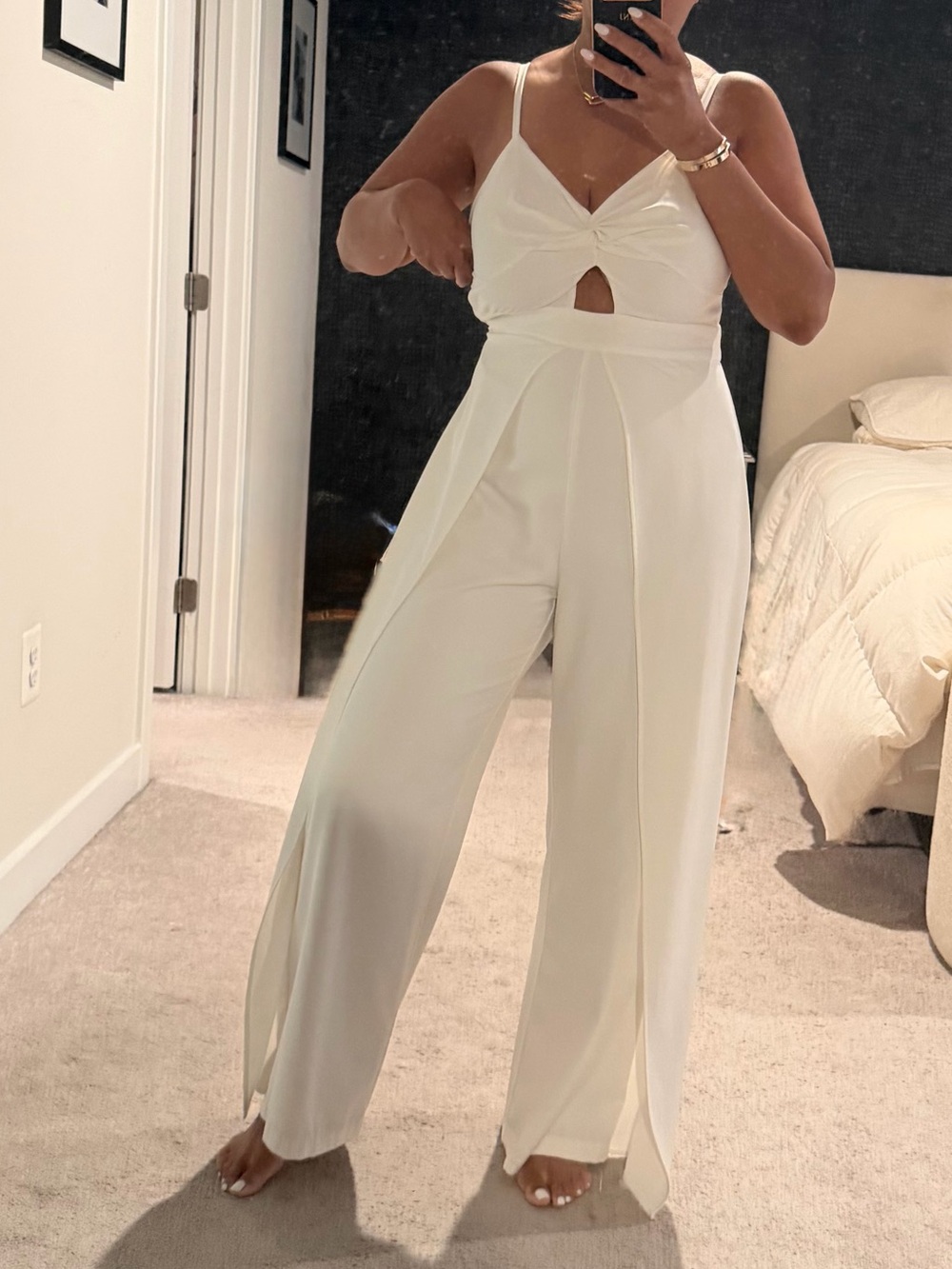 Twist-Front White Wide-Leg Jumpsuit with Spaghetti Straps